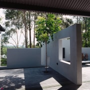 View of the decking and concrete walls, , architecture, facade, house, black, gray