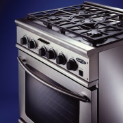 View oif a stainless steel oven and hob. gas stove, home appliance, kitchen appliance, kitchen stove, major appliance, product, gray, blue, black