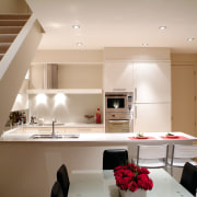 Kitchen with cream coloured cabinetry, recessed lighting, stainless apartment, architecture, countertop, interior design, kitchen, room, gray, brown