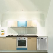 Showroom kitchen showing dishwasher, oven and cream and countertop, home appliance, kitchen, major appliance, product, product design, property, real estate, white