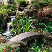 View of a naturally pebbled pond surrounded by body of water, grass, landscape, nature reserve, plant, pond, stream, tree, vegetation, water, water feature, water resources, watercourse, waterfall, green, black