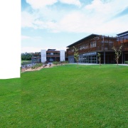 Exterior view of the building from far away, architecture, cottage, estate, facade, farm, farmhouse, grass, grassland, home, house, land lot, landscape, lawn, pasture, property, real estate, residential area, sky, yard, green, white