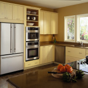Kitchen with light timber cabinetry, side by side cabinetry, countertop, cuisine classique, home appliance, interior design, kitchen, kitchen appliance, major appliance, refrigerator, room, brown