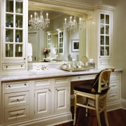 View of a powder room, large mirror, white cabinetry, chest of drawers, countertop, cuisine classique, furniture, home, interior design, kitchen, room, window, brown