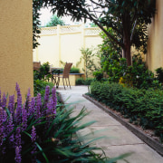 Close up of the landscaping along the concrete architecture, backyard, courtyard, estate, flora, flower, garden, grass, home, house, landscape, landscaping, outdoor structure, plant, real estate, tree, walkway, yard, black