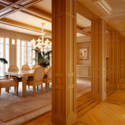 View of the hallway and dining area, tiled ceiling, column, dining room, door, estate, floor, flooring, hardwood, home, interior design, living room, lobby, real estate, room, window, wood, wood flooring, brown