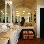 Bathroom with mirror panels, marble vanity tops, ornate ceiling, countertop, estate, floor, flooring, home, interior design, living room, real estate, room, brown