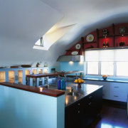 view of the cool kitchen showing woodflooring, stainless ceiling, countertop, interior design, kitchen, room, gray