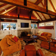 View of the living area, wooden flooring, large ceiling, estate, home, interior design, living room, real estate, room, wood, brown, red