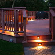 Exterior view of the decking system and patio backyard, baluster, deck, handrail, home, house, landscape lighting, lighting, outdoor structure, porch, black