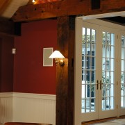 View of the living area, large wooden beams architecture, beam, ceiling, daylighting, door, home, house, interior design, lighting, wall, window, wood, brown, red