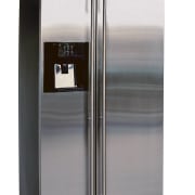 Closeup of fridge with side by side doors, home appliance, product, product design, white, gray