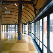 Interior of Fale pasifika building with curved ceiling, architecture, ceiling, daylighting, metropolitan area, structure, brown