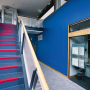 Lobby and stairway area with bright blue colour architecture, stairs, structure, blue