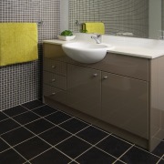 view of the quantum quartz benchtop - view bathroom, bathroom accessory, bathroom cabinet, countertop, floor, flooring, interior design, plumbing fixture, product design, room, sink, tile, wall, black, gray