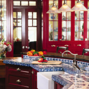 view of the hand painted kitchen benchtop tiles cabinetry, countertop, cuisine classique, dining room, furniture, home, interior design, kitchen, room, table, window, red