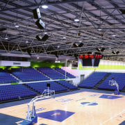 Indoor basketball court with blue seating, and sound arena, basketball court, blue, leisure centre, sport venue, sports, stadium, structure, blue