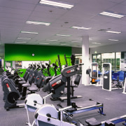 Gym room with rows of equipment, green wall, gym, leisure, room, sport venue, structure, gray