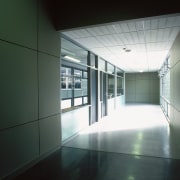 View of corridor outside classroom with ceiling and architecture, ceiling, daylighting, glass, house, interior design, line, window, black, gray