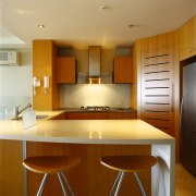 view of the kitchen - view of the cabinetry, ceiling, countertop, cuisine classique, interior design, kitchen, real estate, room, under cabinet lighting, brown, orange