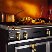 View of a black and silver oven and gas stove, home appliance, kitchen appliance, kitchen stove, black