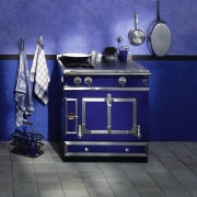 View of a blue and silver oven and blue, furniture, kitchen stove, purple, blue