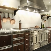 View of a kitchen, wooden and silver cabinetry, cabinetry, countertop, cuisine classique, home appliance, interior design, kitchen, kitchen appliance, kitchen stove, room, white, brown