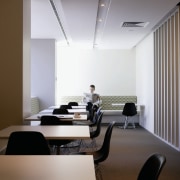 A view of the staff meeting area, grey ceiling, conference hall, interior design, office, brown, gray