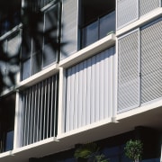 view oof the luxalon sun louvres - view architecture, balcony, baluster, building, daylighting, daytime, facade, glass, handrail, house, line, siding, structure, window, black, white