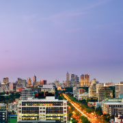 Central Melbourne's skyline showing buildings in city. bird's eye view, building, city, cityscape, condominium, dawn, daytime, downtown, dusk, evening, horizon, landmark, metropolis, metropolitan area, morning, night, residential area, sky, skyline, skyscraper, suburb, sunset, tower, tower block, town, urban area, purple, blue