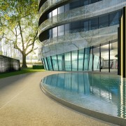 Exterior view of residential tower with curved glass apartment, architecture, building, condominium, corporate headquarters, daytime, facade, headquarters, leisure centre, mixed use, property, real estate, reflection, urban design, water, window, gray