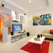 view of the lounge area with orange feature ceiling, home, interior design, living room, real estate, room, gray