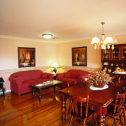 Lounge and dining room area with timber floor, ceiling, dining room, flooring, home, interior design, living room, property, real estate, room, table, orange, brown