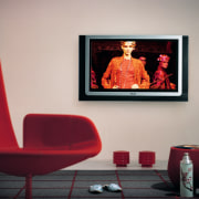 view of the phillips flatscreen tv - view chair, couch, furniture, interior design, modern art, red, room, table, gray, red