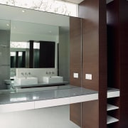 view of the mirrored walls that increase the interior design, gray