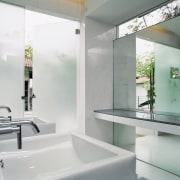 view of the built in dressing table - architecture, bathroom, glass, home, house, interior design, plumbing fixture, room, sink, tap, window, gray