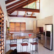 Kitchen area with high ceiling and timber rafters, architecture, ceiling, daylighting, house, interior design, living room, loft, real estate, gray