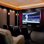 View of a family home theatre, black carpet, ceiling, display device, interior design, lighting, room, black