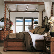 View of a bedroom, wooden floor, large green bed, bed frame, bedroom, ceiling, four poster, furniture, home, interior design, room, window, wood, gray, black