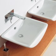 View of a wooden vanity with two curved angle, bathroom, bathroom accessory, bathroom sink, ceramic, countertop, floor, plumbing fixture, product design, sink, tap, white, gray