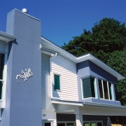 Exterior of house with white weatherboards and blue architecture, building, elevation, facade, home, house, property, real estate, residential area, roof, siding, window, blue