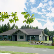 Exterior of home with weatherboard and river stone cottage, elevation, estate, farmhouse, home, house, land lot, landscape, property, real estate, residential area, sky, suburb, tree, white
