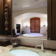 view of the vanity mirror interspersed with wood bathroom, ceiling, floor, interior design, room, wall, gray, black