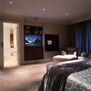 view of the bedroom featuring fireplace and large bedroom, ceiling, floor, flooring, home, interior design, lighting, living room, room, suite, wall, window, window covering, window treatment, wood flooring, black