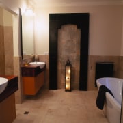 view of the bathroom featuring acid etched marble bathroom, ceiling, floor, flooring, interior design, lobby, room, tile, wall, brown