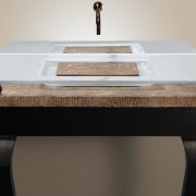 View of a wooden table like vanity with countertop, desk, furniture, product design, sink, table, gray