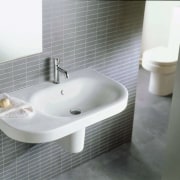 view of the wall mounted michel cesar basin bathroom, bathroom sink, bathtub, bidet, ceramic, floor, plumbing fixture, product design, sink, tap, tile, toilet seat, gray