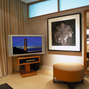 Hotel room with plasma tv on timber corner display device, electronic device, furniture, interior design, room, technology, brown