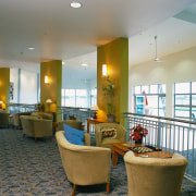 Cocktail lounge area in building with bright coloured ceiling, interior design, living room, lobby, real estate, room, gray, brown