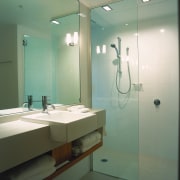 Bathroom with semi recessed square basin, large wall architecture, bathroom, ceiling, floor, glass, interior design, plumbing fixture, public toilet, room, sink, green